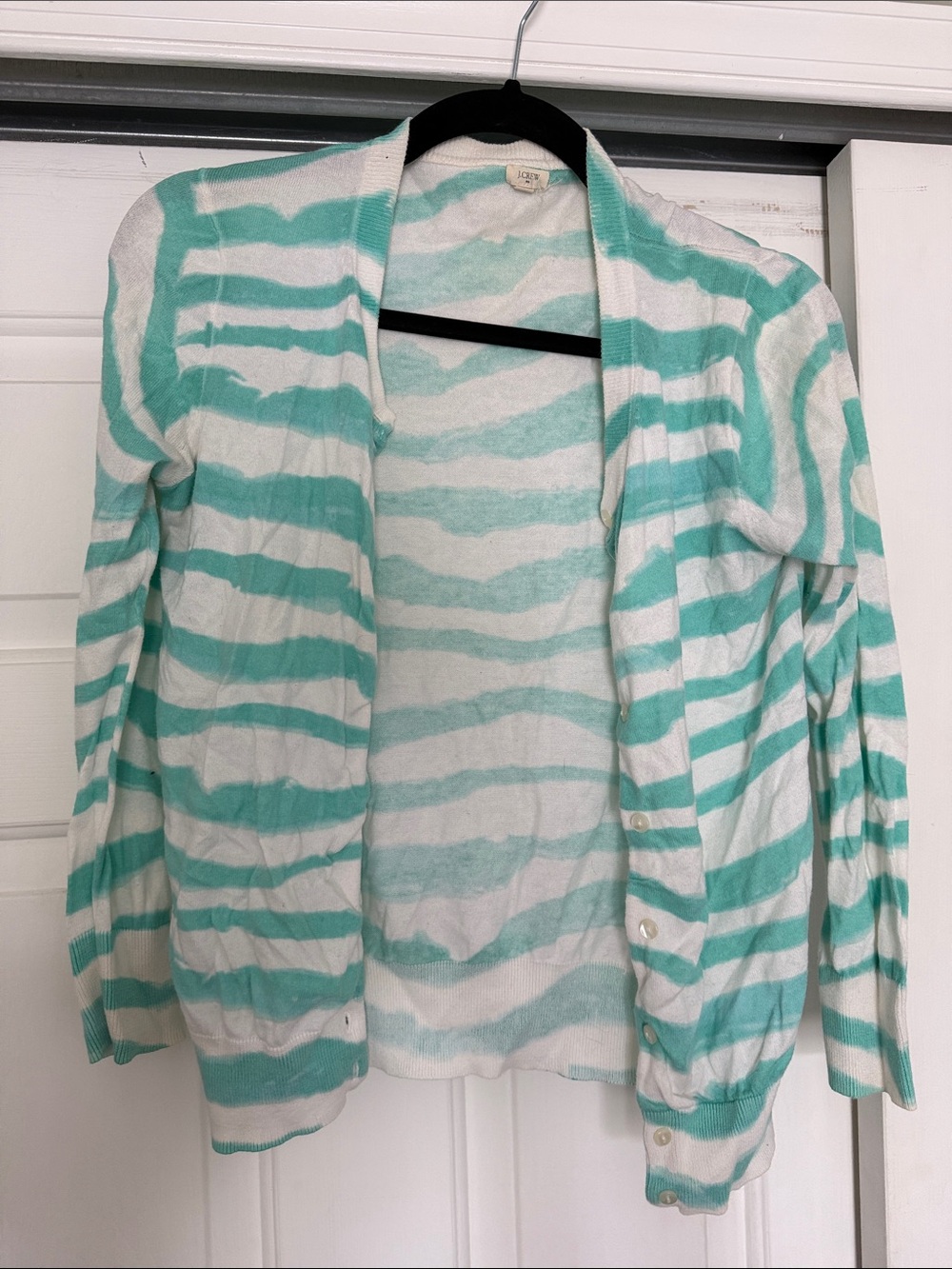 J. Crew Factory Aqua and White Striped Button Cardigan